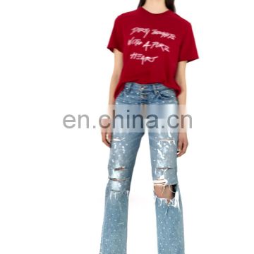 DiZNEW Femme Crystal Studded Straight Torn Jeans For Women