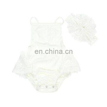 Pure color white lace cross back romper with headband wholesale cheap romper