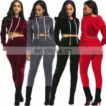 Custom Women Two Piece Set blank crop top hoodie Velour sweat suits