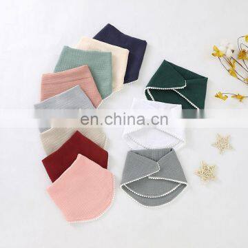 Wholesale Woven Muslin Plain Pom Trim Baby Bibs Organic Cotton photo-6