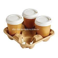 Compostable biodegradable 4 paper coffee cup carrier tray molded fiber cup holders