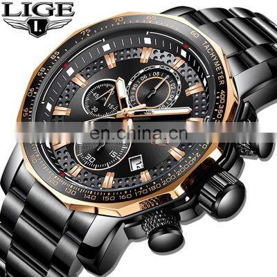 Lige 9902 Full Steel Quartz Wrist Watches for Men Chronograph Waterproof  Luxury Brand Lige Watch Reloj