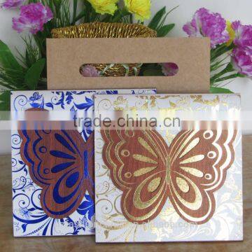 Gold blue bengali wooden butterfly wedding invitation card