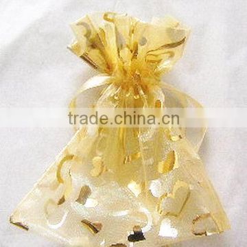 Gold Sheer Organza bags printed with hearts and drawstrings,Perfect Valentine's Day Gift Decorate Pouches