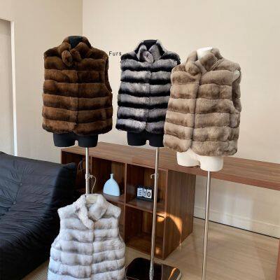 2025 Autumn/Winter Cream Latte Imported Rex Rabbit Fur Chinchilla Pattern Fur Vest