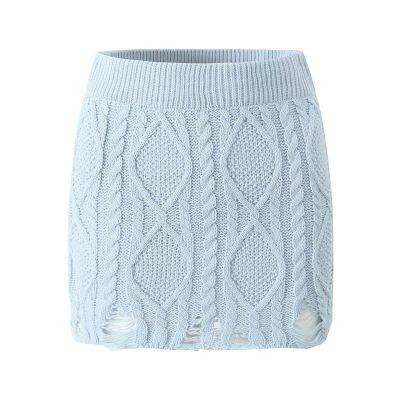 European and American Autumn/Winter New Round-neck Long-sleeve Solid Color Cable Knit Sweater With High-waist Pencil Skirt Set With Distressed Details