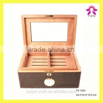 Noble Exquisite Wooden Luxury Fabric Cigar Humidor Gift Boxes With Glass Lid Cabinet Hygroscope Storage Glasstop Tobacco Box photo-3