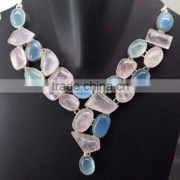 Rose Quartz, Chalcedony, Blue Onyx Necklace plated 925 Sterling Silver 94 Gms 18-20 Inches