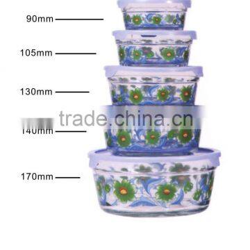 Glass bowl set,5pcs bowl set with flower design,5pcs storage bowl