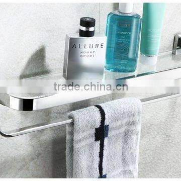 High grade stainless steel modern stylish round corners tempered Glass Shelf with towel bar