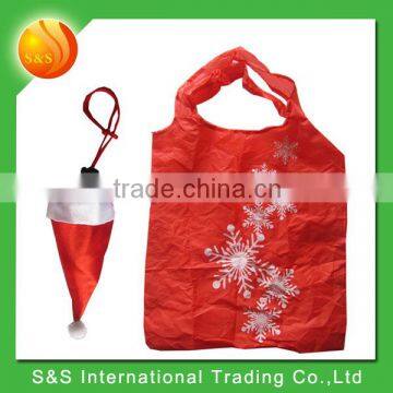 Lightweight bright red polyester Santa Hat foldable shopping bag