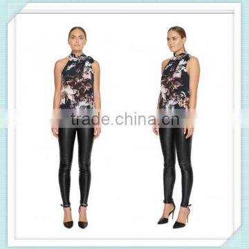 Lady's silk crep de chin digital print sleeveless fashion top with neck band