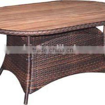 outdoor PE rattan table with teak wood top