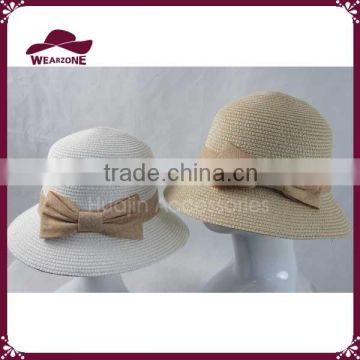 Woman Summer Big Bowknot Middle Brim Dome Straw Braid Sunbonnet Bucket hat