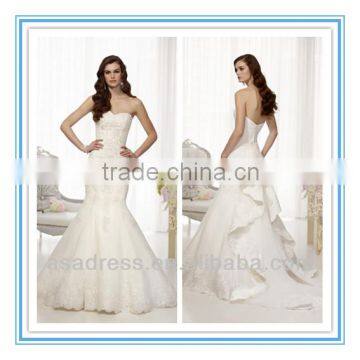 2014 New Style Sweetheart Neckline Lace Appliqued & Amazing Detachable Train Mermaid Gown Egypt Wedding Dress (WDES-1043)