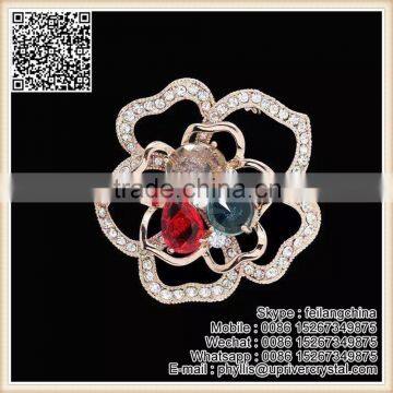 Wedding Costume Gold Double Crystal Flower Brooch Ruby Topaz Sapphire Brooch