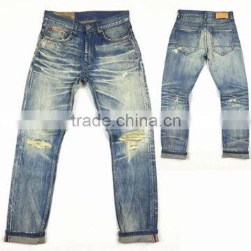 Custom High quality vintage wash distressed Japanese selvedge jeans denim selvedge denim jeans(LOTR011)