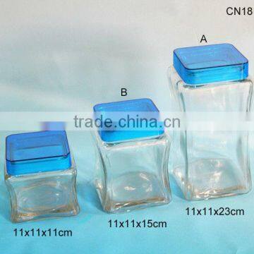 3 Sizes Clear Square Glass Cookie Jars Wth Blue Lid