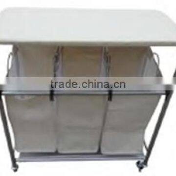 Hotel and Home Usage Triple Laundry Sorter With Ironing Board/3 Lift-off Fableable Landry Sorter