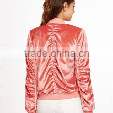 Women Zip Up Shirred Velvet Bomber Jacket Pink With Side Pockets Slim Fit Classic Shiny Jacket Coat photo-2