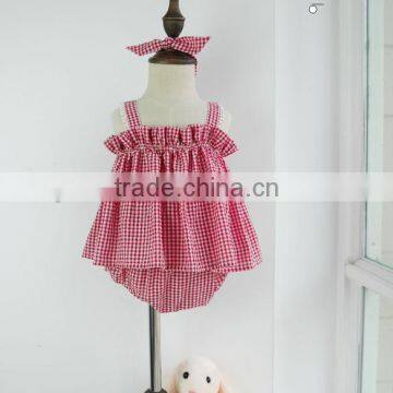 Red Gingham 3 Pieces Cute Girl Clothing Set Summer Kids Outfit Hot Selling