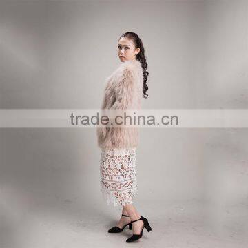 Myfur 2016 European Style Winter Beige Raccoon Fur Collar Woolen Raccoon Fur Extra Long Coat photo-3