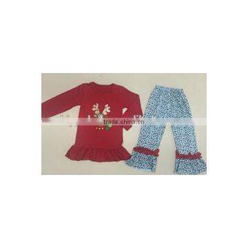 Wholesale reindeer design red shirt cotton girls black dots ruffle pants children boutique clothing set girls outfits