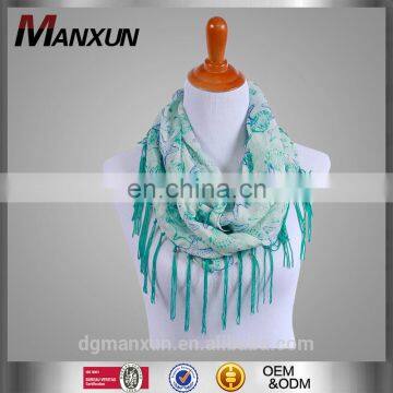 Women's Print Spring Summer Scarf with Fringe Blue Green Shawl