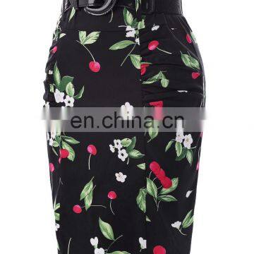 Kate Kasin Women's Shirred Detail Flower Pattern Cotton Pencil Skirt With Wide Belt KK000610-1 photo-3