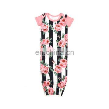 Stripe Flower Printed Toddler Short Sleeve Gown Newborn Sleeper Gown Knitting Sleeping Bag Baby