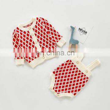 Ins Autumn Baby Suit Female Baby Western-style Plaid Knitted Jacket Strap Romper Romper Two-piece Suit Single Shot
