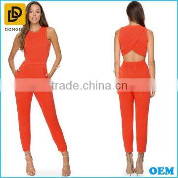 Latest pleat pants design fashion round neck women jumpsuit 2015