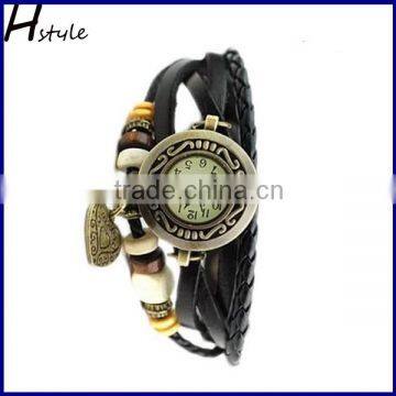 Retro Women Vintage Heart Pattern Weave Wrap Quartz Leather Bracelet Wrist Watch WP006