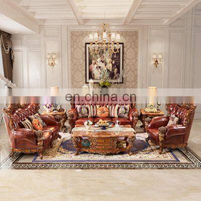 Classic Antique Furniture Hand Craved Wood Sofa Real Leather Couch Living Room Set