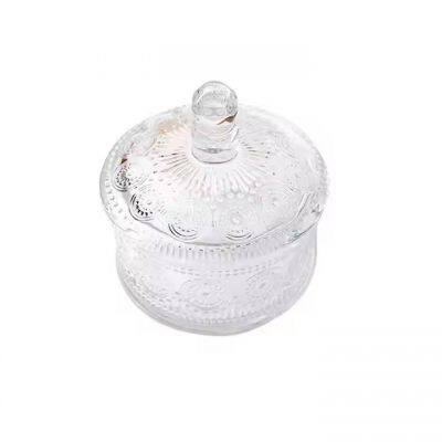 Hot sale and popular Embossed sunflower Glass candy jar with lid glass pot vintage glass