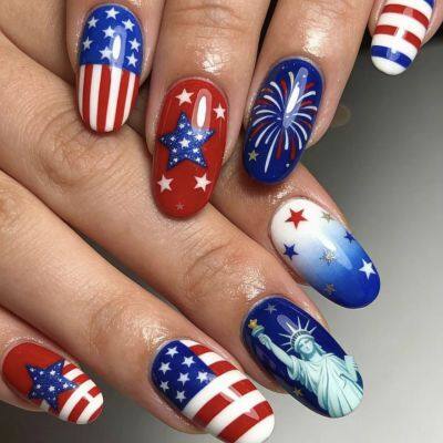 24-Piece Set of Medium-Length Square Press-On Nails — Star, Stripe, and Bald Eagle Designs Nail Art