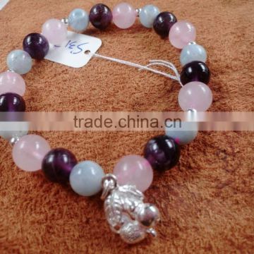 Natural gemstone mixed color rose Quartz crystal and Amethyst and Aquamarine with 925 silver cherry Bracelet