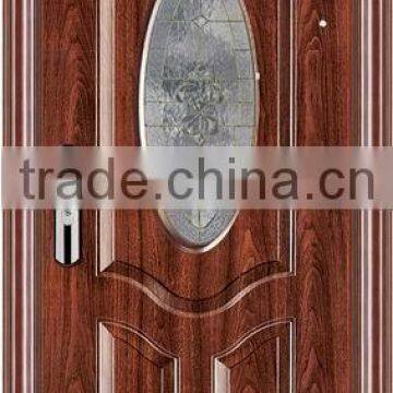 smal oval glass steel door with wooden edge