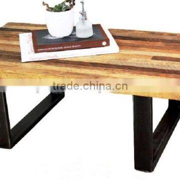 INDIAN INDUSTRIAL WOODEN NATURAL COFFEE TABLE WITH METAL BASE