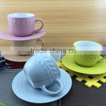 colorful 220cc cup and saucer with relief logo