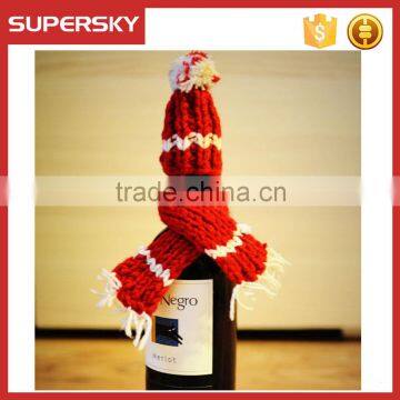 A-830 Knit Santa Hat Scarf For Bottle Wine Bottle Hat And Scarf Set Christmas Wine Bottle Topper