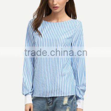 Blouses Latest Fashion Design Women Clothing Blue Striped Tie Back Backless Long Sleeve Blouse photo-4