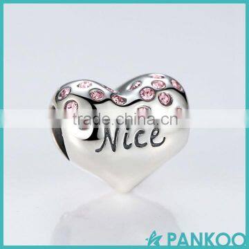 925 Sterling Silver NICE Naughty Word Heart Beads Charms With Pink Crystal for DIY Jewelry Making Baby Gift photo-2