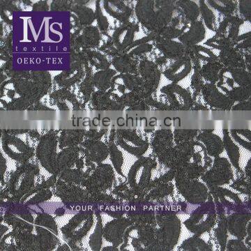 Latest design thin net embroidered sequin fabric, black flower embroidery sequin fabric textile for dress