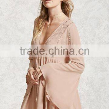 Fashion Long Bell Sleeve Chiffon Embroidery Summer Short Dress Women photo-3