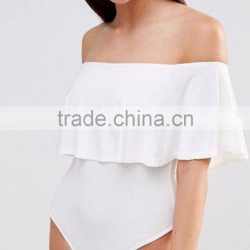 MGOO Women Slinky Bardot Bodysuit With Frill Overlay Plain White Sexy Off Shoulder Bodysuit Playsuit photo-4