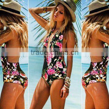 sexy deep v neck one piece printed swimsuit swimwear