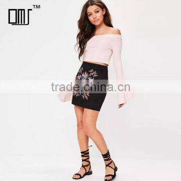 Side Zipped Embroidered Black Suede Stretchy Tight Mini Pencil Skirt