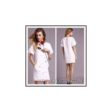 Women Fashion Puff Sleeve Short Dress Beaded Dress