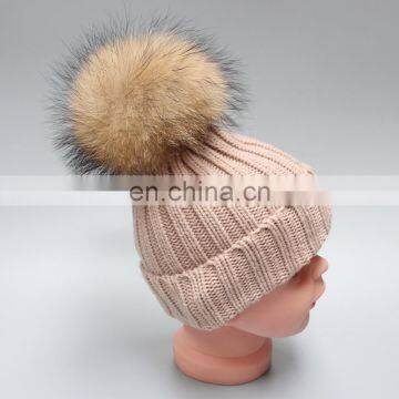 Child genuine fur bobble beanies winter raccoon real fur ball knit hat